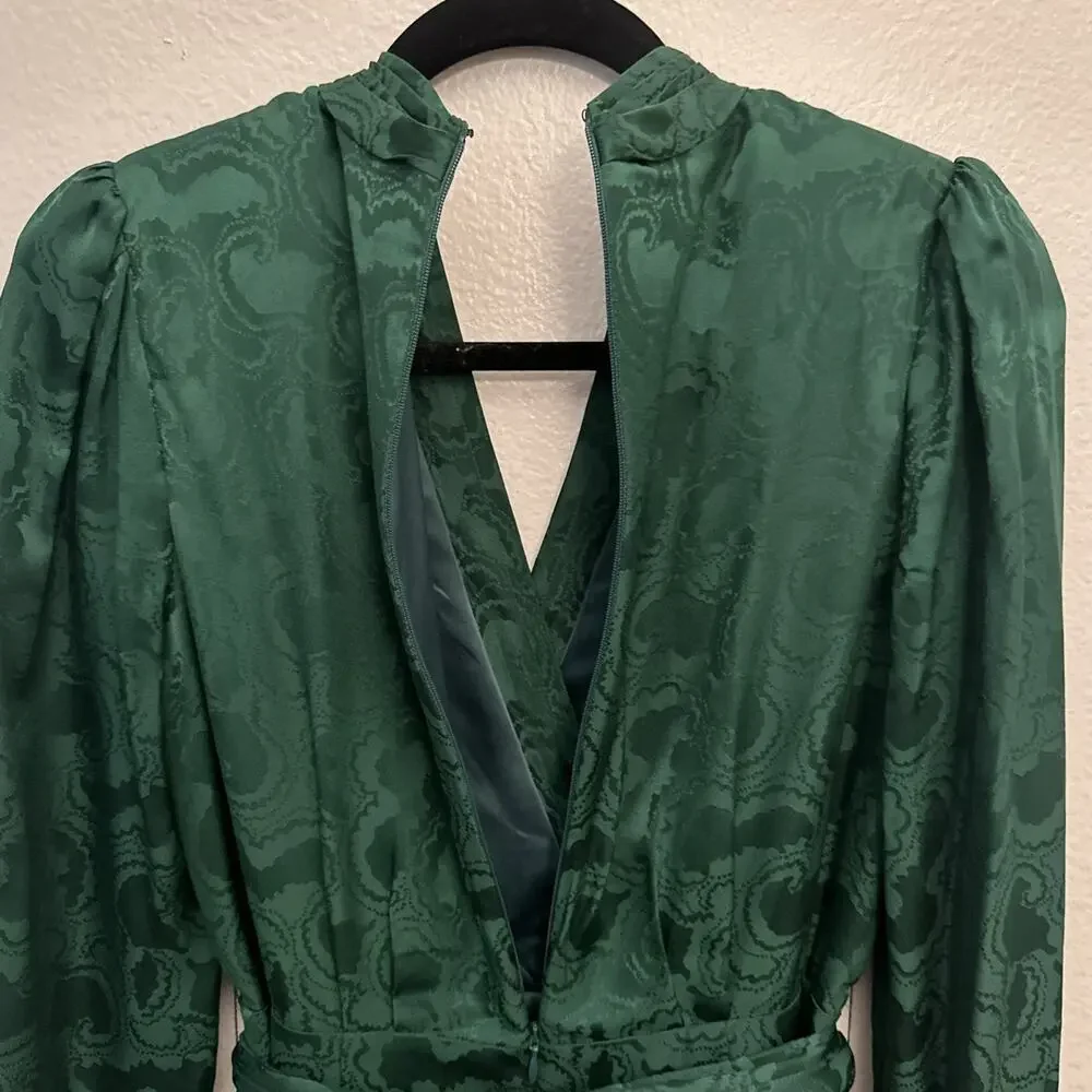 Saloni Bibi Mini Dress Green Silk Jacquard Long Sleeve Faux Wrap US 6 - Picture 8 of 14